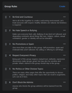 Example Facebook group page rules